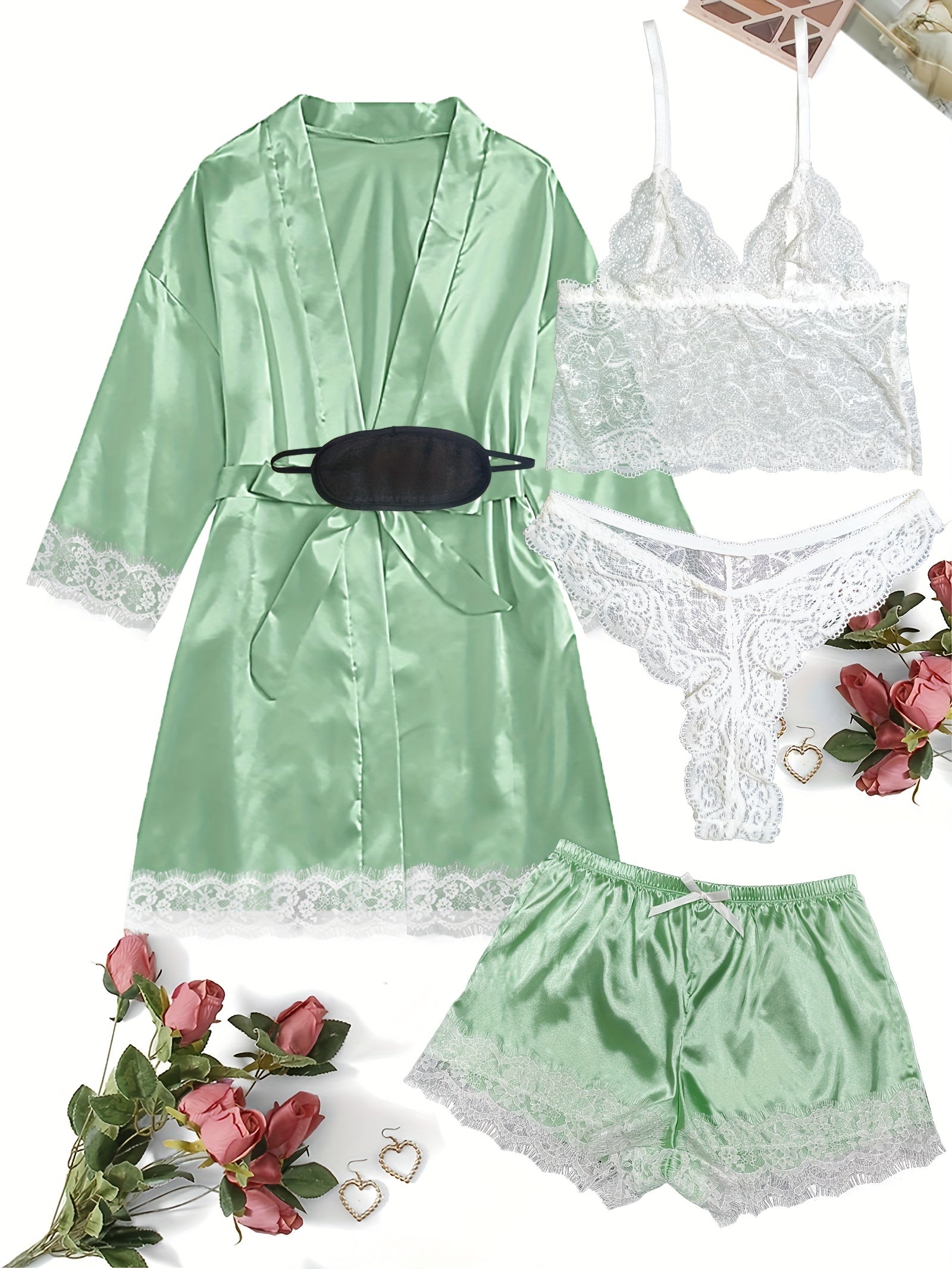 Women's Plus Sexy Lounge Set - Plus Size Satin Contrast Eyelash Lace Belted Nightgown & Camisole & Panty & Shorts With Free Eye Mask - For Women - Perfect for Lounging & Sleepwear - Ideal Gift for Her